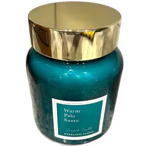 Sterling Farms Warm Palo Santo Scented Candle Teal Glass Jar 15.8oz Rare NEW